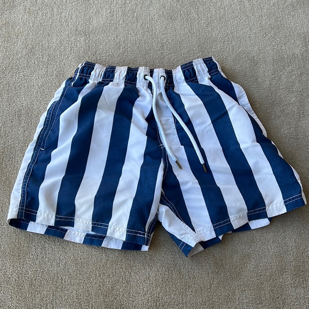 Blue and White Striped Swim Trunks